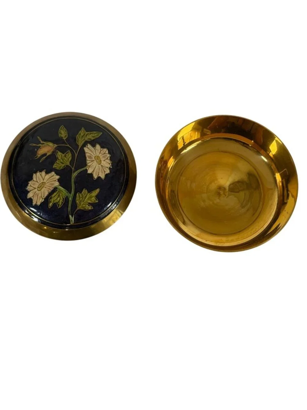 Vintage Brass Trinket Box Enamel Floral Lid Jewelry Grandma Cottage Core